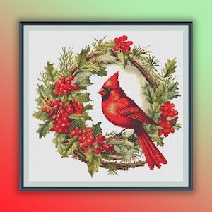 Watercolor Christmas Cardinal Counted Cross Stitch PDF Pattern, Christmas Birds, Winter Woodland, Hand Embroidery, Modern Cross Stitch