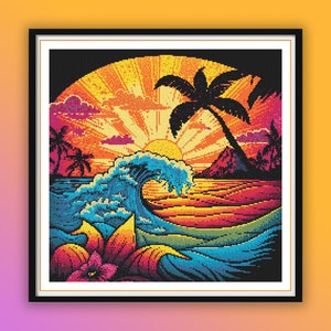 Vibrant Watercolor Sunset Landscape Counted Cross Stitch Pattern: Seaside, Lake, Modern Design
