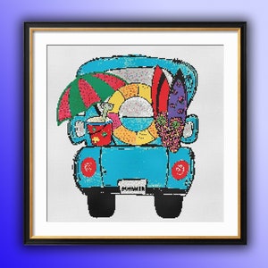 Watercolor Summer Holiday Truck  Counted Cross Stitch PDF Pattern, Camping Trucks Cross Stitch PDF Pattern, Vehicles Cross Stitch