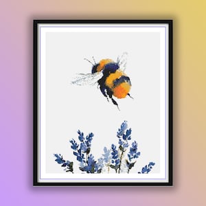 Watercolor Bumble Bee & Lavender Counted Cross Stitch PDF Pattern - Honey Bee Hand Embroidery Design