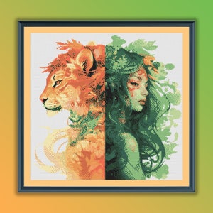 Aquarell Wild Soul Lion Girl Kreuzstich PDF Muster, wilde Safaritiere, Handstickerei, moderne Kreuzstichvorlage