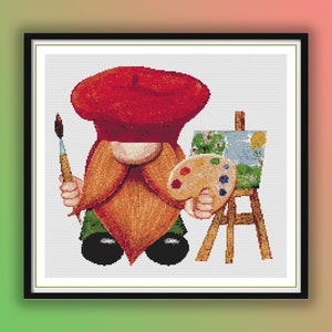 Artist Gnome Cross Stitch Pattern: Modern Hand Embroidery (PDF)