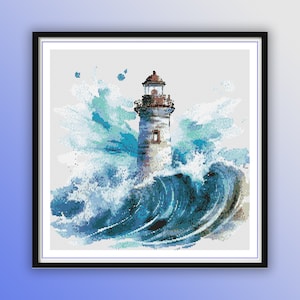 Watercolor Lighthouse Seascape Cross Stitch Pattern - Modern Coastal Landscape Embroidery Chart PDF
