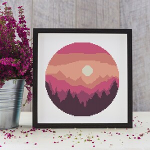 Aquarell Landschaft Berge PDF Kreuzstichmuster, Sonnenuntergang Kreuzstichmuster, Sommer Sonnenuntergang, moderne Kreuzstichvorlage