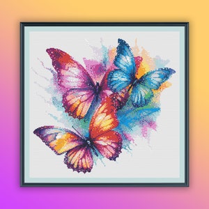Può includere: Tre farfalle colorate con schizzi di colore ad acquerello sullo sfondo. Le farfalle sono rosa, blu e arancioni.