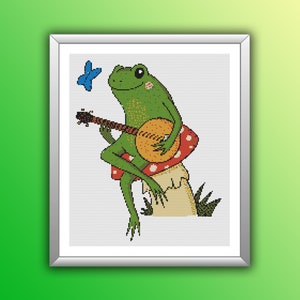Charming Cottagecore Frog Playing Banjo Cross Stitch Pattern - PDF Needlepoint Embroidery Design