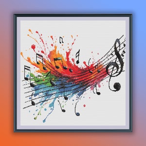 Patrón de punto de cruz contado en PDF con notas musicales en acuarela, gráfico de punto de cruz moderno, bordado a mano