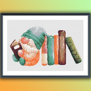 Bookworm Gnome Library Cross Stitch Pattern: PDF for Needlepoint, Embroidery & Diamond Painting