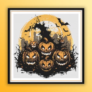 Padrão de ponto cruz em aquarela de abóboras assustadoras de Halloween em PDF, feliz festa de Halloween, fantasma de Halloween, gráfico de ponto cruz moderno