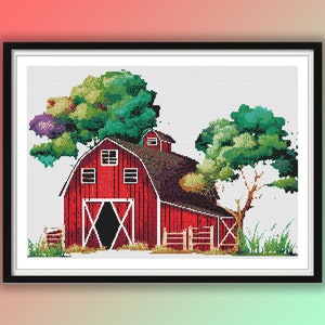 May include: A red barn with white trim and a brown roof, surrounded by green trees. The barn has a large wooden door and two windows on each side.