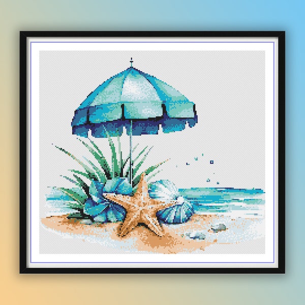 Watercolor Sea Stars and Shells on The Beach Counted Cross Stitch PDF Pattern, Sea Treasures, Happy Summer, Hand Embroidery