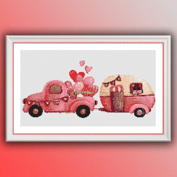Valentine's Caravan Counted Cross Stitch PDF Pattern, Valentine Pink Truck, Farmhouse Truck Cross Stitch Modern Cross Stitch, Wedding Truck