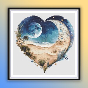 Watercolor Beach Heart Night Cross Stitch Pattern: Full Moon Starry Sky Landscape Embroidery PDF