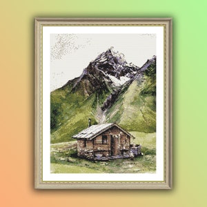 Aquarell Berge und Dorf Haus Landschaft Kreuzstich PDF Muster, Frühlingswald, Waldstickerei, rustikales Holzhaus