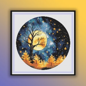 May include: A cross-stitch pattern depicting a stylised tree with a full moon behind it. The sky is a dark blue with white stars and a watercolour effect. The tree is silhouetted against the moon and the forest is in the foreground.