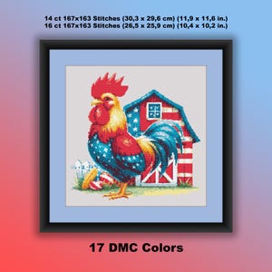 Op de afbeelding: Borduurpatroon met een haan met een Amerikaans vlagontwerp, staand voor een rode schuur met witte versieringen. Het patroon bevat 17 DMC-kleuren en is verkrijgbaar in 14-count of 16-count stof. De afgewerkte maat is 30,3 cm bij 29,6 cm op 14-count stof, of 26,5 cm bij 25,9 cm op 16-count stof.