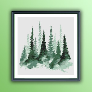 Aquarel pijnbomen en bergen landschap geteld kruissteek pdf-patroon, boslandschap kruissteekpatroon, direct downloaden