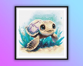 Patrón de punto de cruz de tortuga marina en acuarela para la habitación del bebé niño - Patrón en PDF con temática oceánica