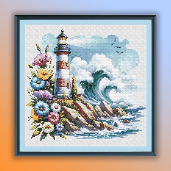 Watercolor Floral Lighthouse Counted Cross Stitch PDF Pattern, Modern Cross Stitch Chart, Seascape, Sea Treasures, Hand Embroidery