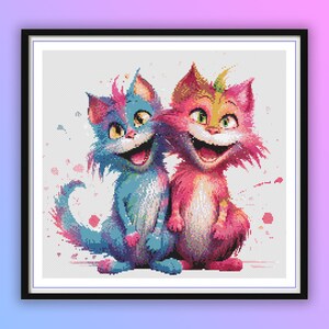 May include: Two cartoon cats with colorful fur and big smiles. The cat on the left is blue and the cat on the right is pink. They are standing next to each other against a white background with watercolor splatters.
