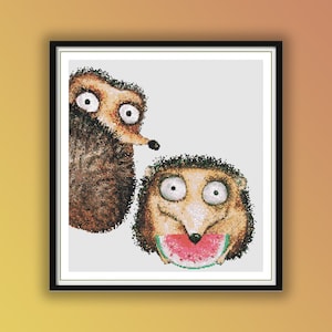 May include: Two cartoon hedgehogs, one with a surprised expression and the other with a wide smile, eating a slice of watermelon.