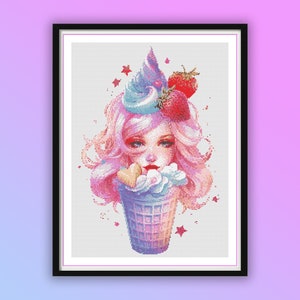 Watercolor Ice Cream Fairy Girl Counted Cross Stitch PDF Pattern, Cool Summer Girl, Modern Cross Stitch Chart, Hand Embroidery