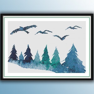 Serene Pine Forest Watercolor Cross Stitch Pattern - Counted Needlepoint Landscape PDF Chart