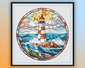 Watercolor Lighthouse Seascape Cross Stitch Pattern: Modern Coastal Scenery PDF Chart Download
