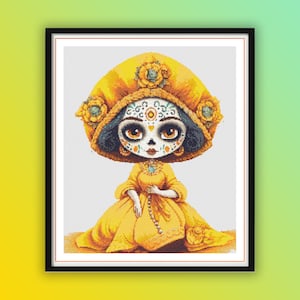 Aquarel La Catrina getelde kruissteek pdf-patroon, dag van de dode vrouw, vrouw Dia de los Muertos, moderne kruissteekkaart