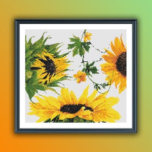Zonnebloemen getelde kruissteek pdf-patroon, boeketkruissteek, kruissteek bloemstuk, handborduurwerk, borduursteek