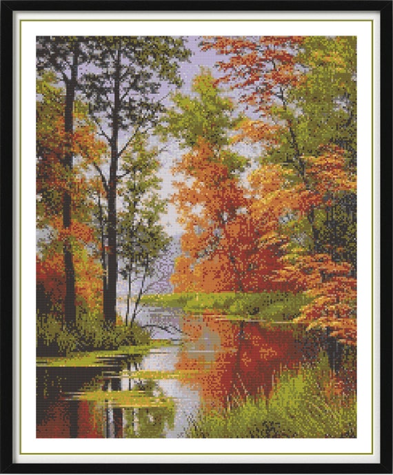 美しい秋の湖畔林の風景を描いたクロスステッチの図案（PDF） - 水彩