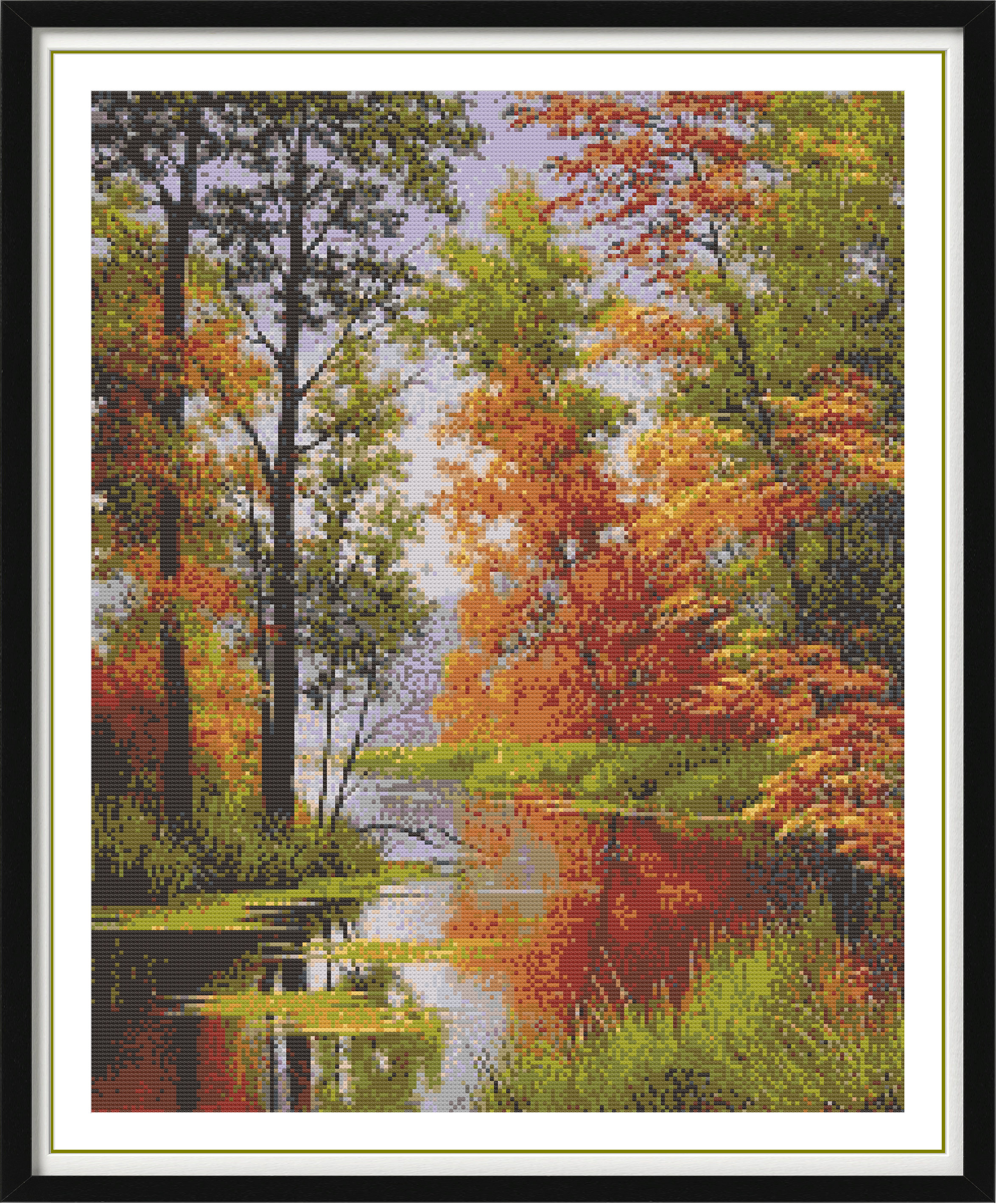 美しい秋の湖畔林の風景を描いたクロスステッチの図案（PDF） - 水彩
