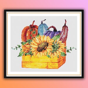 Watercolor Fall Pumpkins and Sunflowers Counted Cross Stitch PDF Pattern, Thanksgiving Pumpkins, Autumn Landscape, Fall Leaves, Embroidery