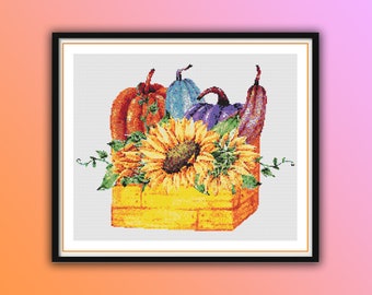 秋の風景水彩クロスステッチパターン：カボチャ、ヒマワリ、秋の葉 PDF