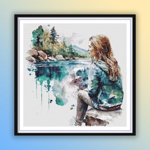 Aquarel meisje bij het rivierlandschap getelde kruissteek pdf-patroon, herfstbos, bossen, meren en bergen, handborduurwerk