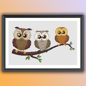 Watercolor Cute Owls Counted PDF Cross Stitch Pattern, Wild Animals Cross Stitch, Forest Animals, Bird Pattern, Hand Embroidery, Needlepoint