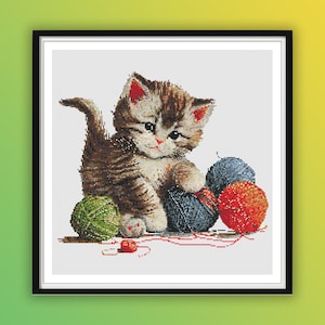 Watercolor Cute Kitty Playing With Knitting Rolls Counted Cross Stitch PDF Pattern, Cat Lovers, Modern Cross Stitch Pattern, Hand Embroidery