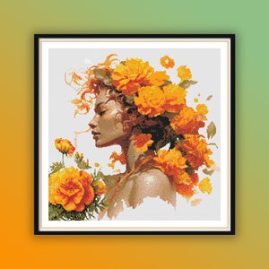 Watercolor Marigold Floral Afro Girl Counted Cross Stitch PDF Pattern, Beautiful African Woman, Modern Folk Art Hand Embroidery