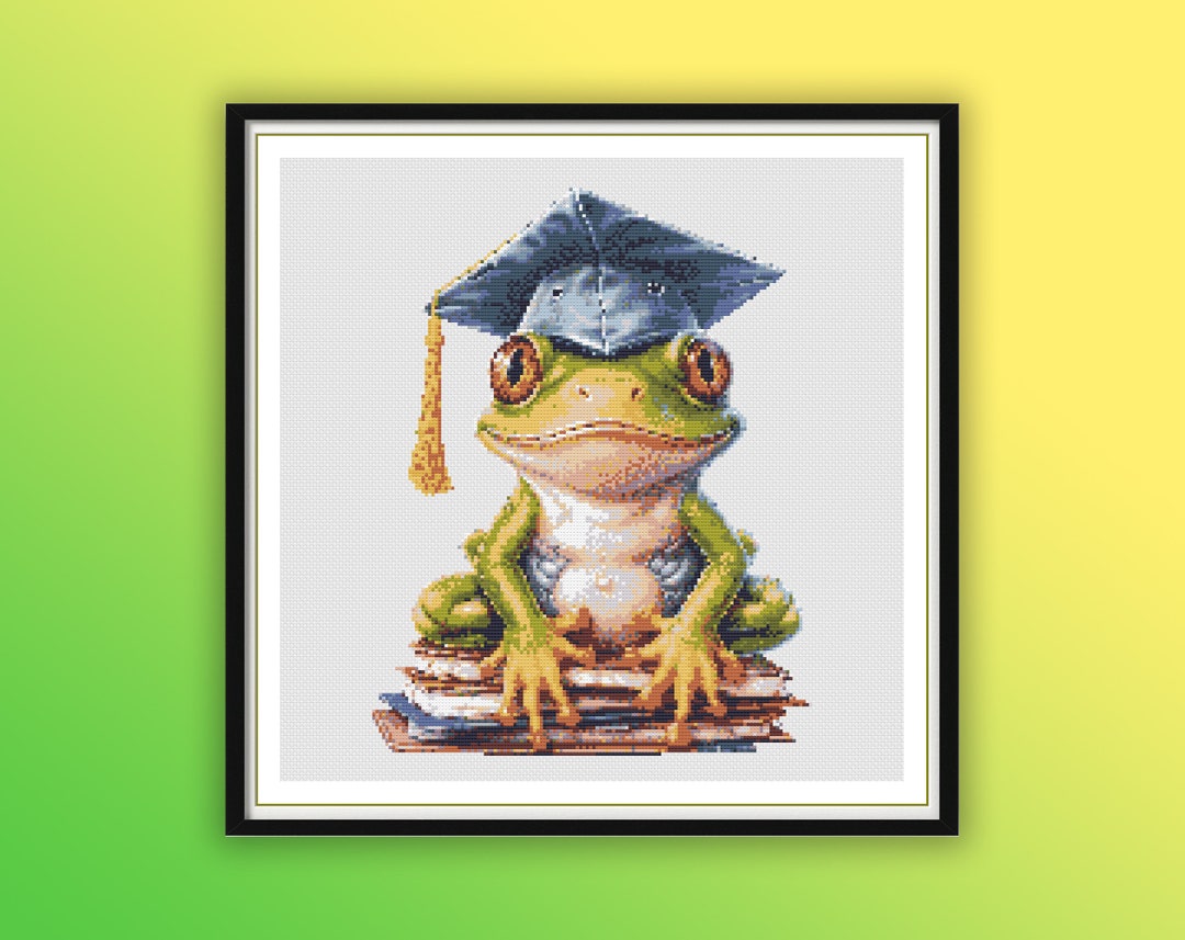 Watercolor Frog Graduate Bookworm Cross Stitch PDF Pattern: Embroidery ...