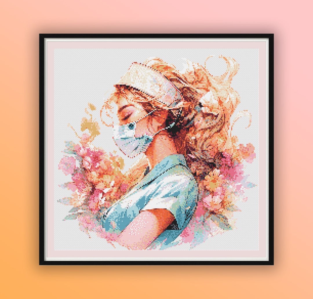 Watercolor Floral Nurse Counted Cross Stitch PDF Pattern, Modern Cross