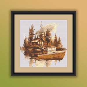 May include: A framed artwork depicts a serene landscape with a cabin nestled among trees, a boat on the water, and smoke rising from the chimney. The color palette is dominated by warm browns and tans, creating a rustic and peaceful scene.