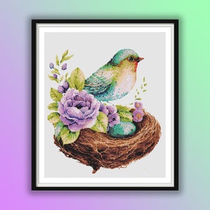 Watercolor Easter Bird Nest Cross Stitch Pattern: Spring Embroidery with Eggs and Birdhouse