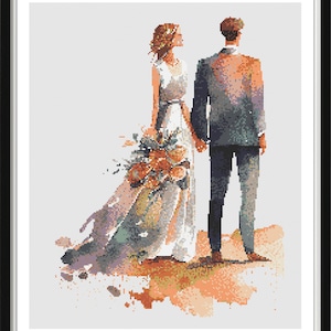 Aquarelle Bride and Groom Counted Cross Stitch PDF Pattern, Saint-Valentin, Point de croix de mariage, Broderie à la main, Tableau Needlepoint image 7