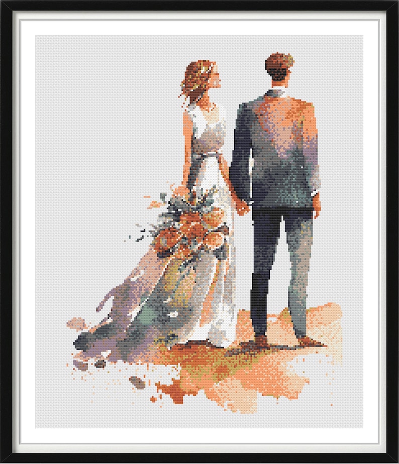 Aquarelle Bride and Groom Counted Cross Stitch PDF Pattern, Saint-Valentin, Point de croix de mariage, Broderie à la main, Tableau Needlepoint image 7