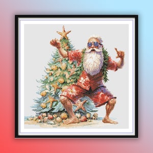 Tropical Santa Beach Christmas Cross Stitch Pattern - Watercolor Summer Holiday Embroidery PDF