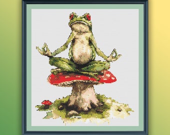 Patrón de punto de cruz en acuarela de rana zen: lindo gráfico de bordado de animal de yoga y meditación en PDF