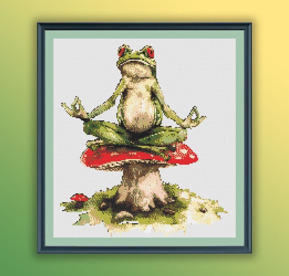 カエル　トビウオ　絵画　自作 禅カエルの水彩画クロスステッチパターン：かわいいヨガ動物瞑想刺繍