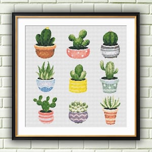 Modèle de point de croix aquarelle cactus : ensemble de plantes succulentes (modèle PDF)