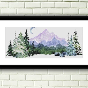 Aquarell Blaue Berge Landschaft PDF Kreuzstichmuster, Winter Digitale Kreuzstichvorlage, Winter Wald PDF, vier Jahreszeiten