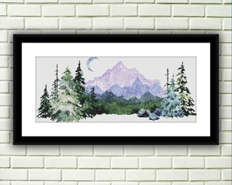 Watercolor Blue Mountains Landscape PDF Counted Cross Stitch Pattern, Winter Digital Cross Stitch Chart, Winter Woodland PDF, Four Seasons